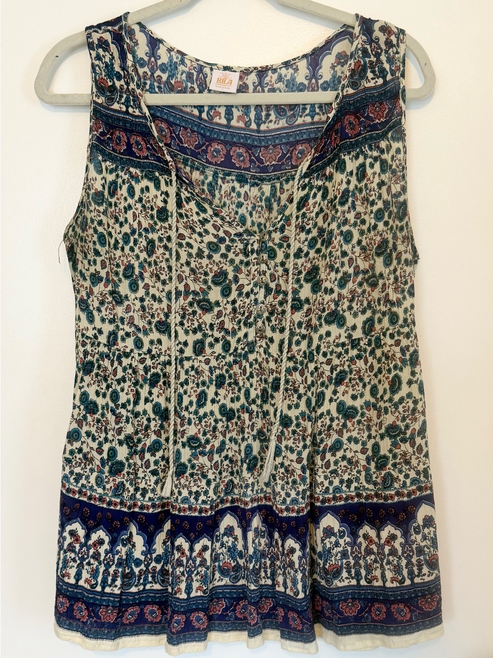 Bila Floral Border Boho Top in Blue and Cream